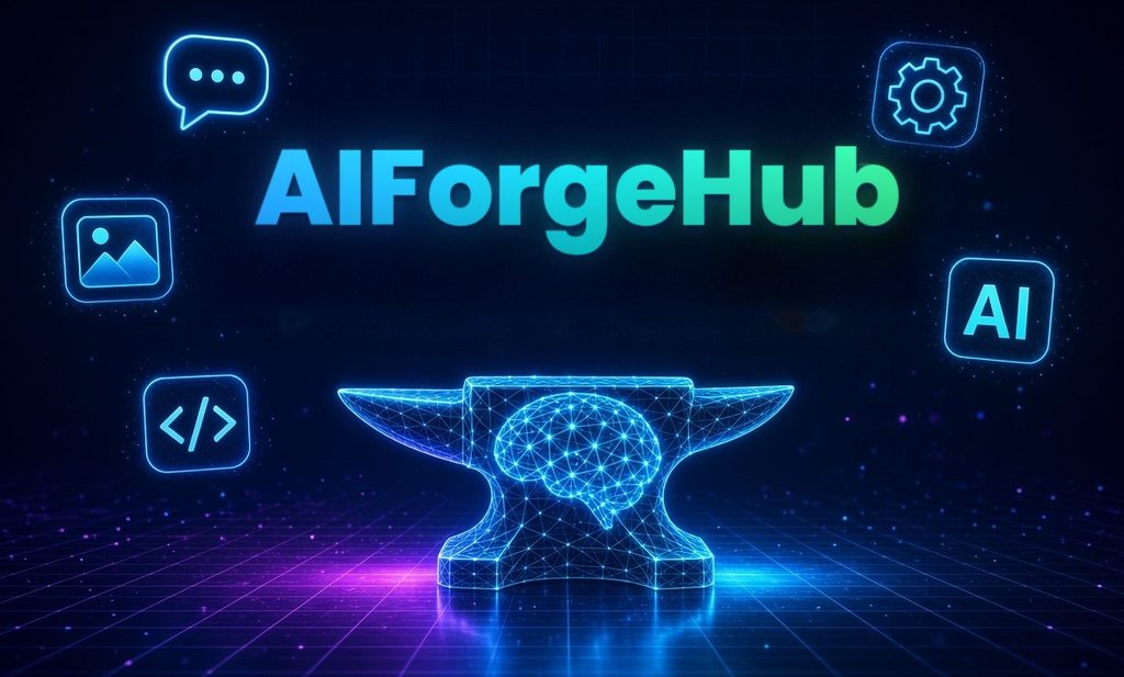 AIForgeHub logo: a glowing anvil with a brain on it, with icons for chat, images, code and settings around it